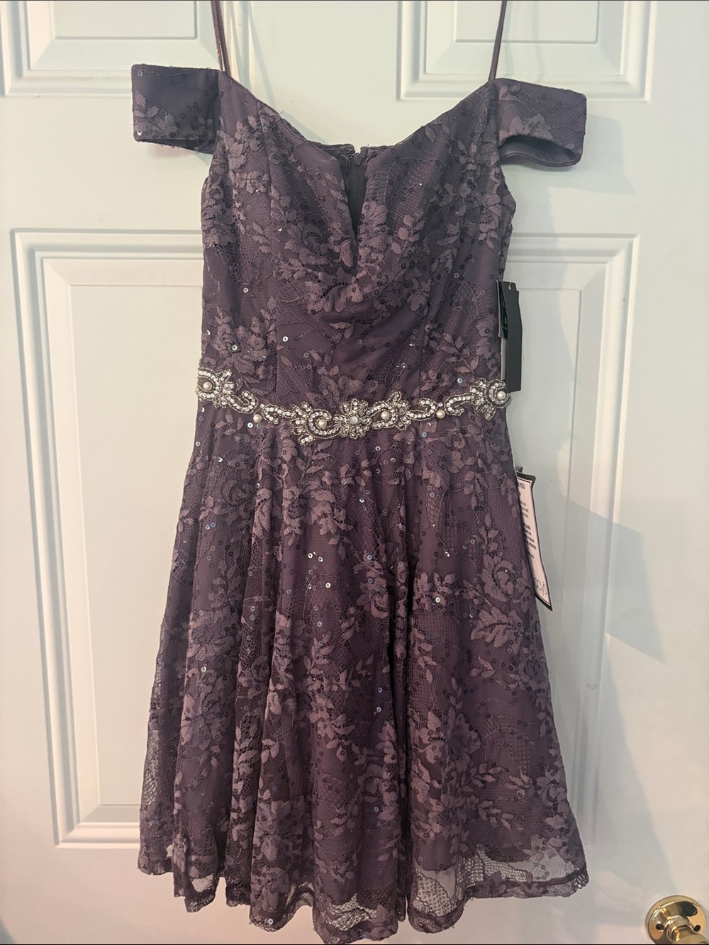 City Studio Lavender Lace Off-Shoulder Party Dress with Jeweled Waist